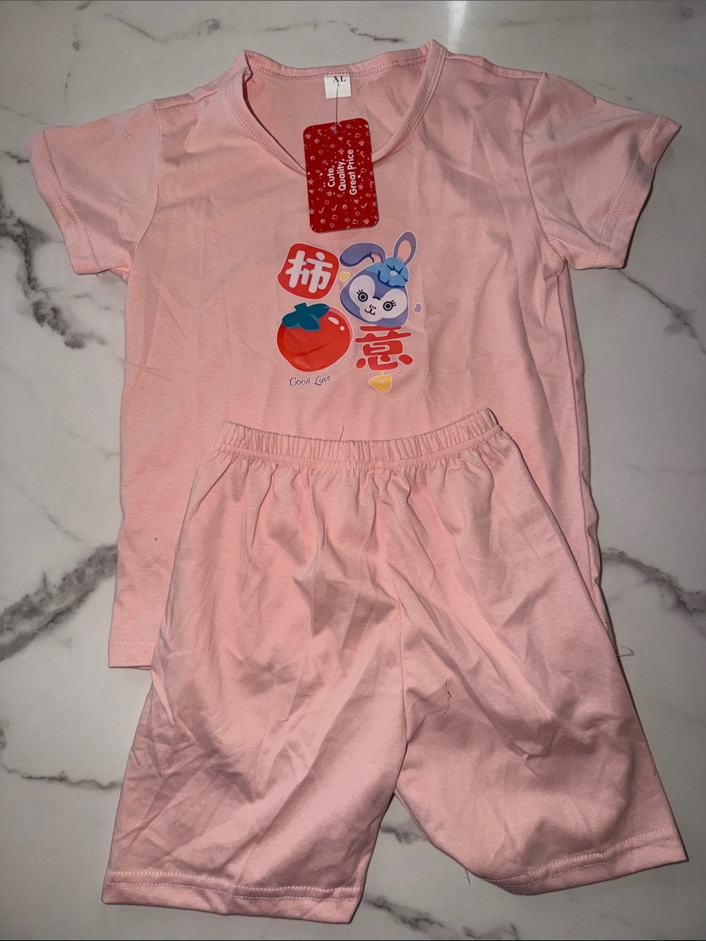 Kids Pink Short-Sleeve Pajama Set with Bunny Graphic for girls